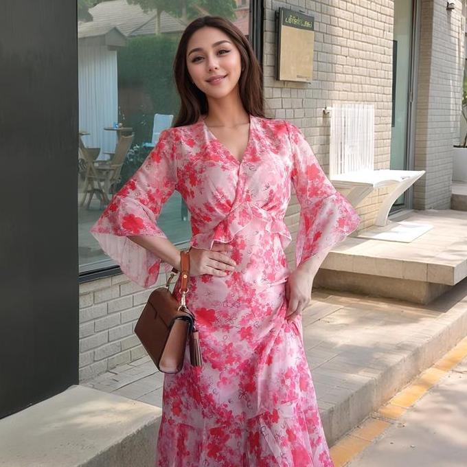 Promo Dress Midi Motif Pantai Sifon Bodycon Wanita Pink Biru Bunga Putih Casual Gaun Pendek Atasan K