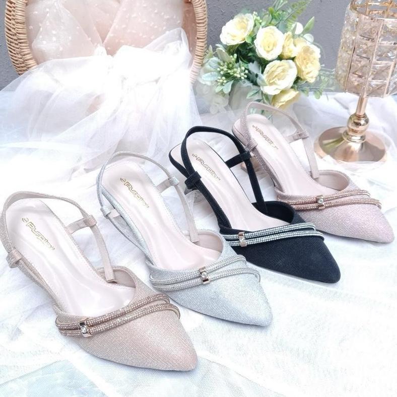 HOT DEALS Purple Shoes - Melody Sling Back High Heels Pesta Wanita Hak Lancip 7 cm Silver Gold Salem