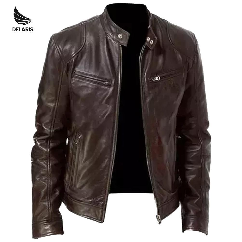 NEW DEALS Delaris Jaket Kulit Pria Vector Hitam Cokelat