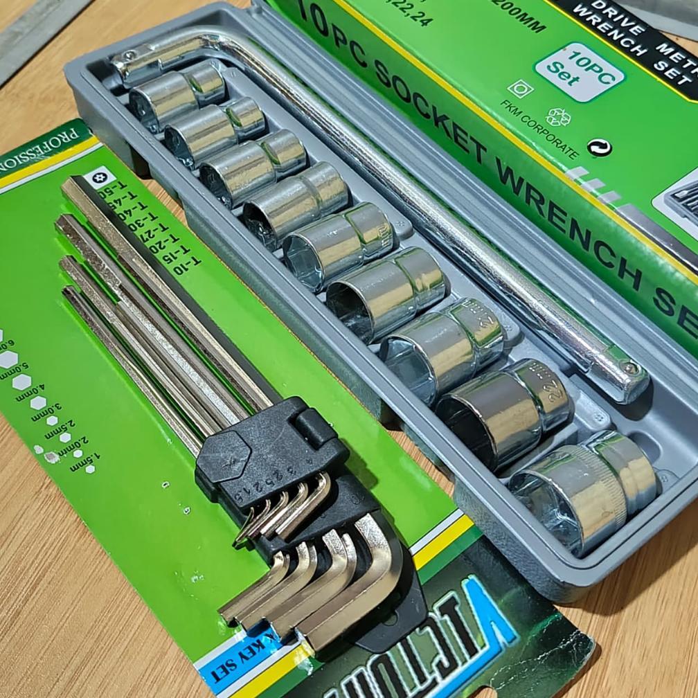 Grade Ori Promo Paket Lengkap Kunci Sok 10 Pcs 8-24 Mm + Kunci L Set 9 Pcs Victory Cod / Set Perkaka