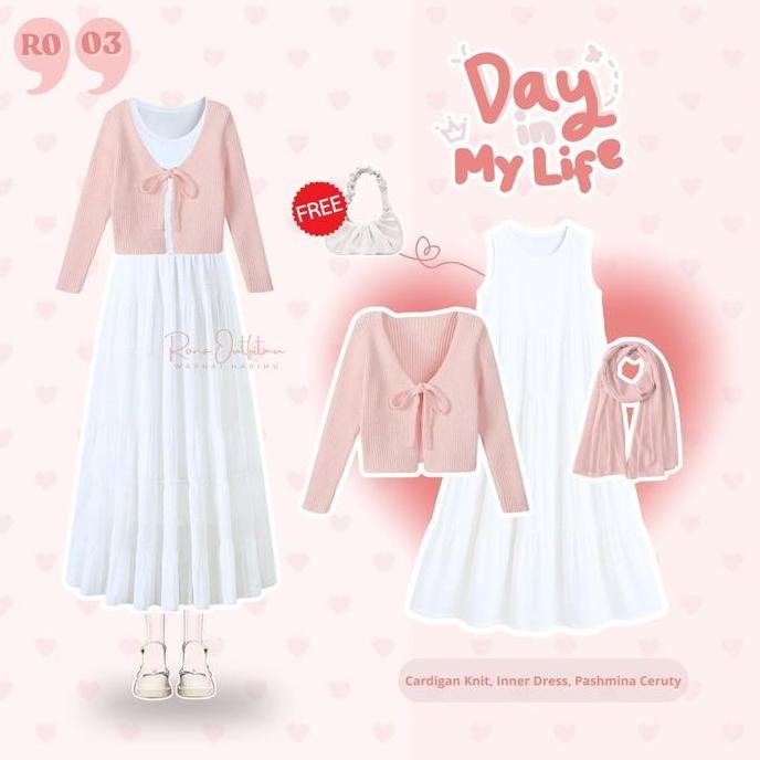 DR153 >> Setelan Rok Wanita Hijab  Lebaran  - Pashmina Ceruty Pink, Cardigan Crop Rib Soft Pink Panj