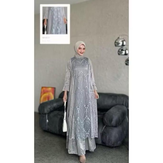 DF372 - Dress Arabian Dress Silk Mix Brokat 2025 Warna Mahogany Viral Gamis Pesta Kondangan Tile Pre