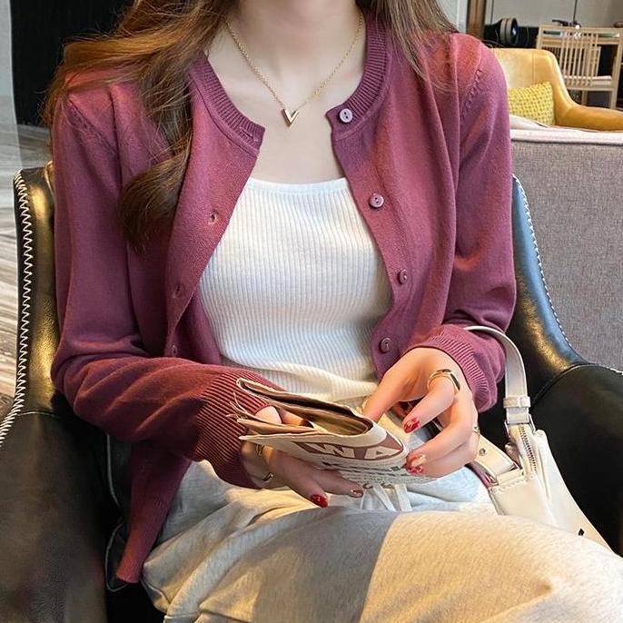 Kardigan rajutan tipis warna polos ramping lengan panjang serbaguna baru Knitwear Wanita Atasan Card