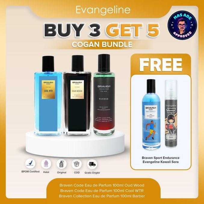 Powerfull- Cogan Buy 3 Get 5Cowok Ganteng Bundle | Braven Eau De Parfum 100Ml - Cool Wtr - Barber - 