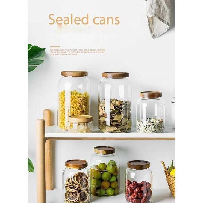 One Two Cups Toples Kaca Jar Penyimpanan Makanan Kue Biji Kopi Tutup Kayu Kedap Udara Ukuran Besar -