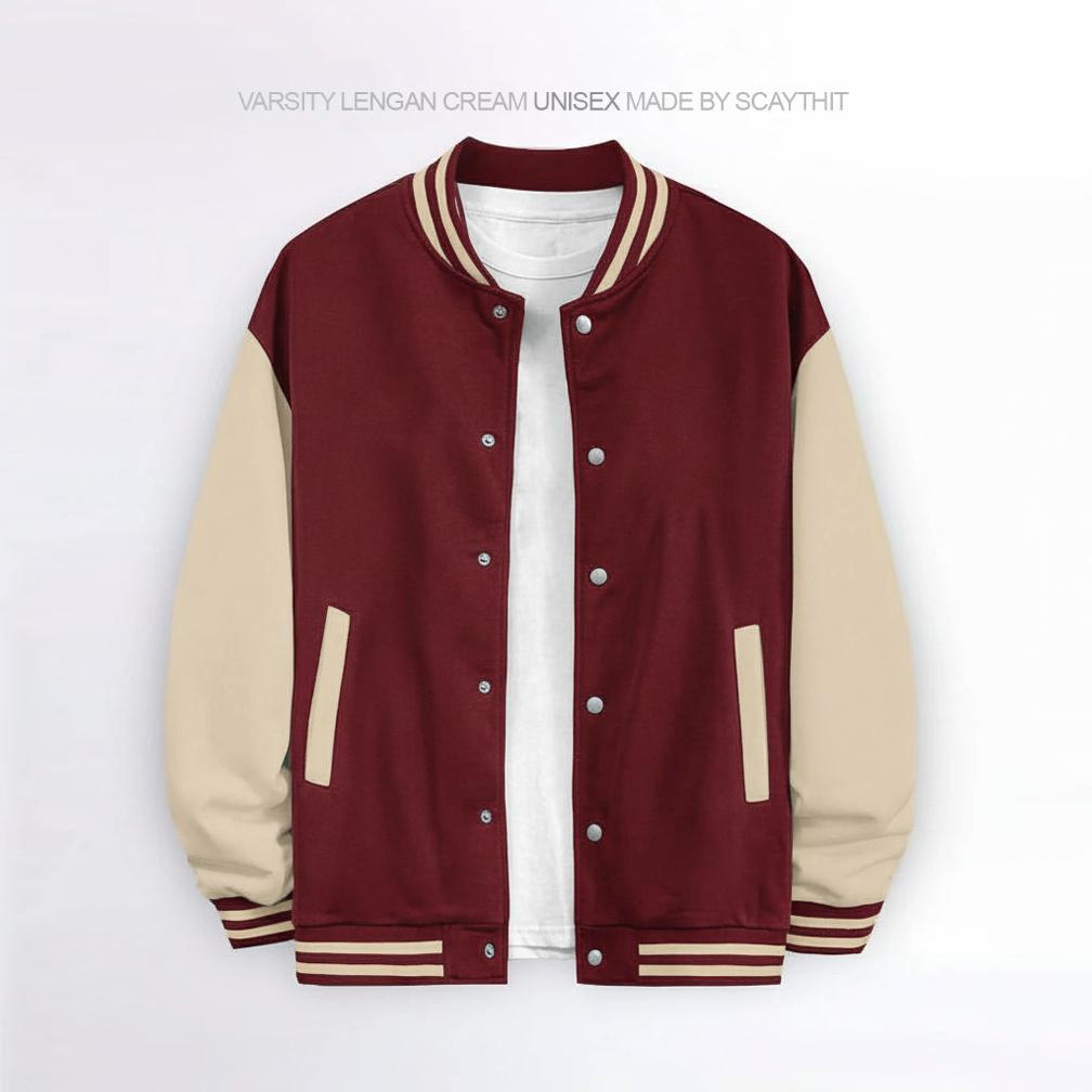 Termurah Scaythit - Jaket Varsity Polos Marun Cream Unisex ( Pria - Wanita ) Jaket Varsity Kancing