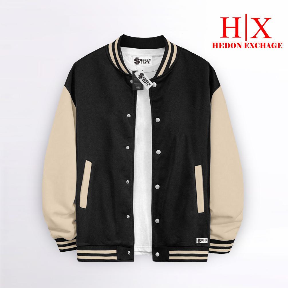 100% AMAN HEDON STATE JACKET VARSITY BASEBALL KANCING POLOS HITAM PUTIH PRIA WANITA UNISEX KEKINIAN