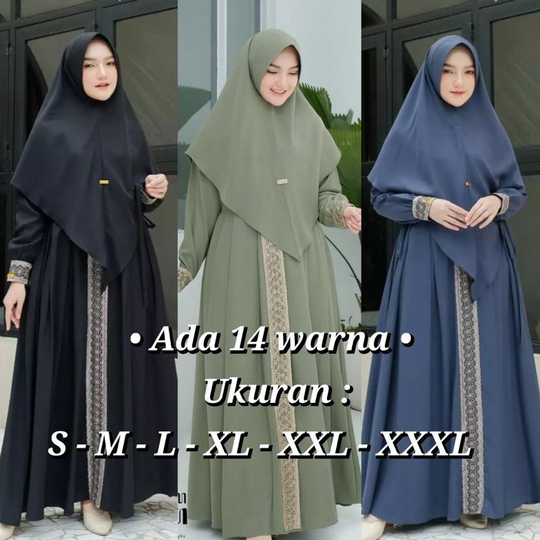 KANAYA SYARI - gamis plus hijab bahan shakila premium resleting depan ada sakunya aplikasi renda uku