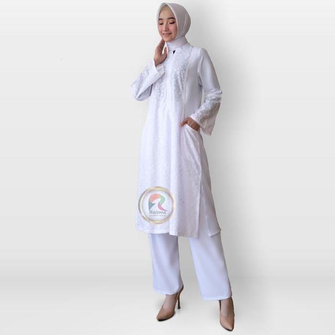 Setelan tunik Muslim Putih Bahan Katun Baju Perlengkapan Umroh Haji Wanita Celana Gamis Celana Gamis