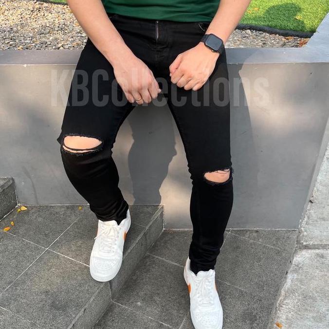 DF117 >> Celana Panjang Jeans Hitam Pria Sobek dan Polos