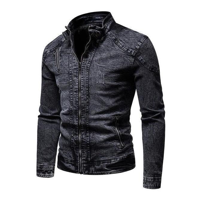 DN17 >> Jaket jeans jaket denim pria krah tinggi resleting biker hitam atasan pria distro keren kasu