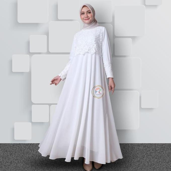 Raisma - Gamis Dress Putih Tulang Lebaran Cantik Dan Elegan Baju Gamis Putih Wanita Terbaru