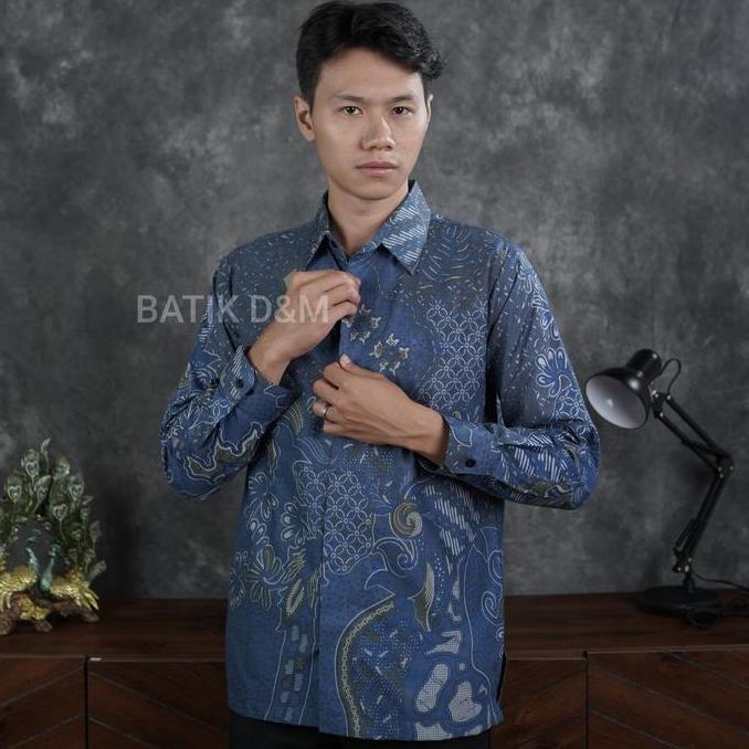 DS16 - Kemeja batik pria modern lengan panjang bahan katun prima halus  BIRU DENIM lapis furing prem