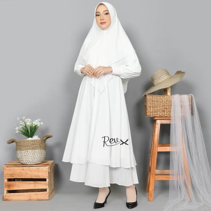 Gamis Haji Umroh Wanita Set Khimar Ceruty 2 Lapis Putih Ceruty Babydoll Premium Elegan