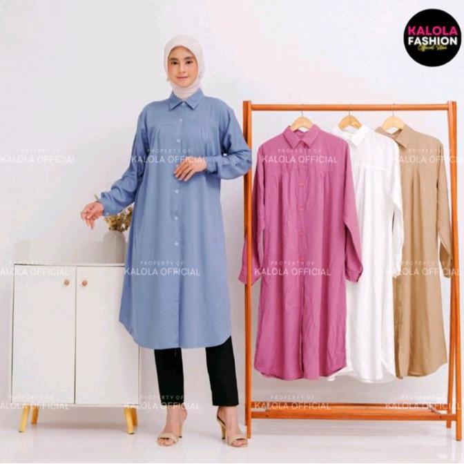 Diskont Kalola Tunik Rayon Twill Kemeja Polos Wanita Kekinian Tunik Polos Kancing Depan Belakang Var