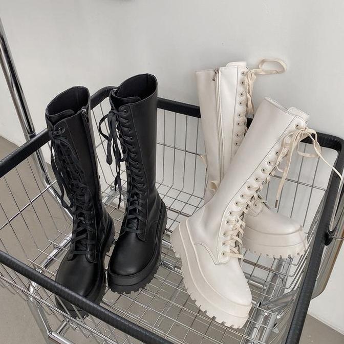 Termurah Sepatu Boot Panjang Wanita Hak Sedang Sfw 284 Tapak Karet Warna Hitam Dan Putih Shoes