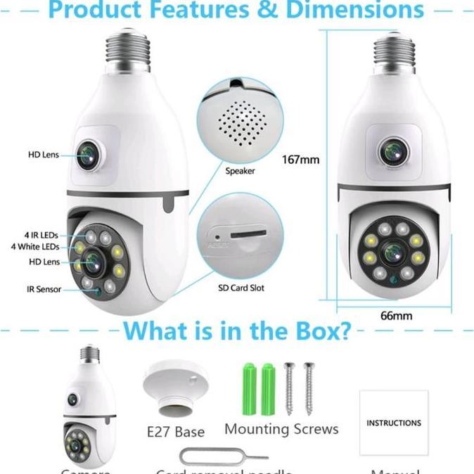 Scurycam- Kamera Cctv Wifi Bentuk Bohlam/ Lampu V380 8Mp Dual Lens 2 Way Suara
