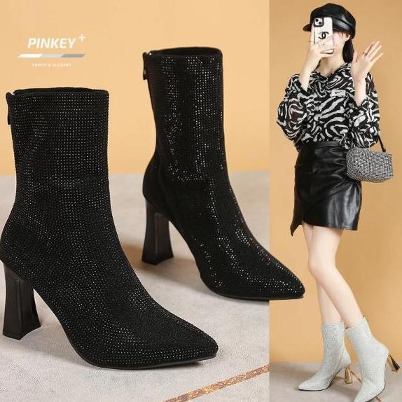Murah [Pinkey] Sepatu Wanita Boot Heels Hak Tinggi 7Cm Model Boots P377 Black Shoes