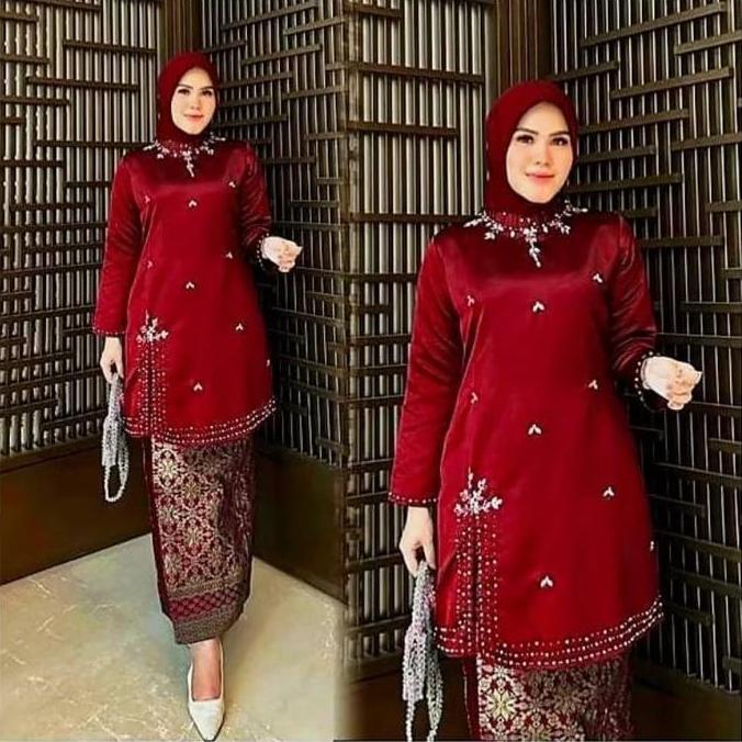 Promo (Free Hijab).. Kebaya Malaysia Model Terbaru Aksen Full Payet Mutiara Tunik Melayu Belah Sampi