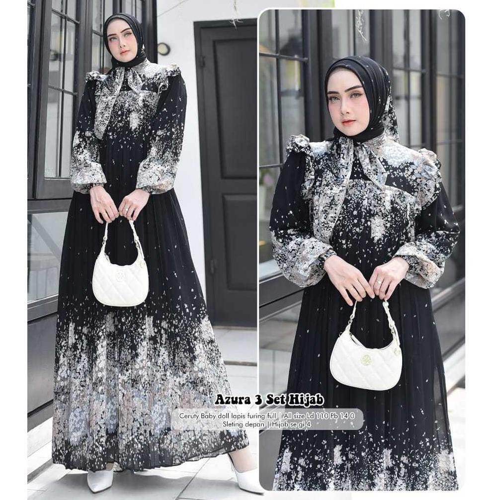 TERBARU Azura 3 set hijab segi4 / Gamis dress plisket / gamis wanita kekinian / terbaru