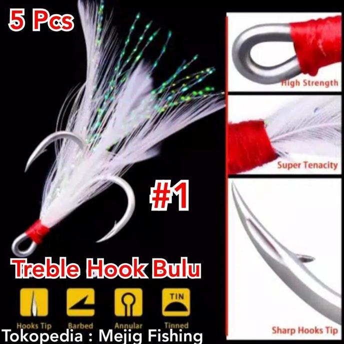 Treble Hook Bulu No.1 Untuk Jig 60gr 80gr Spoon Lure 40gr 60gr