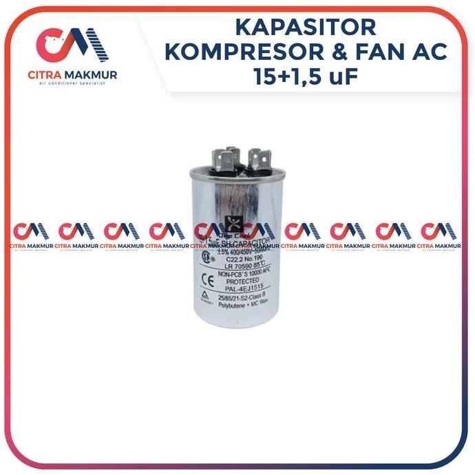 Kapasitor AC Double 15 + 1,5 uF Capasitor Outdoor Fan 3 Pin Kaki Kompresor Kipas Mesin Dobel OneCool