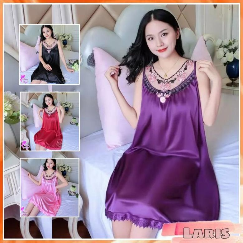 TERLARIS Laris - lingerie satin baju tidur sexy jumbo/motif renda bunga pink/ lingerie import