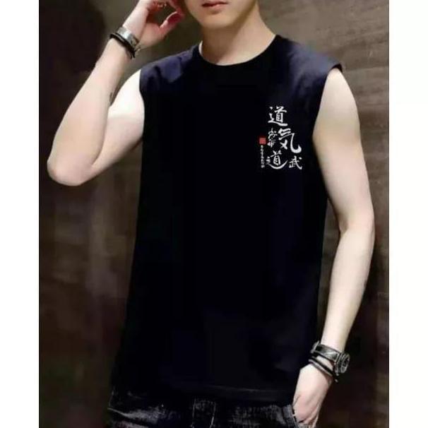 DF336 >> / Baju Tanpa Lengan Pria Motif Kanji Lama / Baju Oblong Pria / Baju Atasan Pria Tanpa Lenga