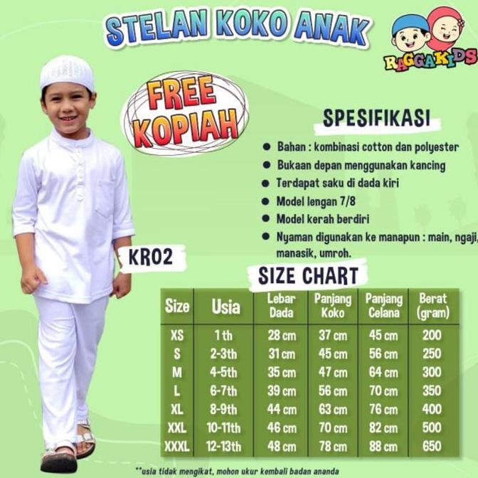 Koko anak Putih Setelan Celana Raggakids KR02 free Peci - setelan koko anak putih manasik haji - Ser