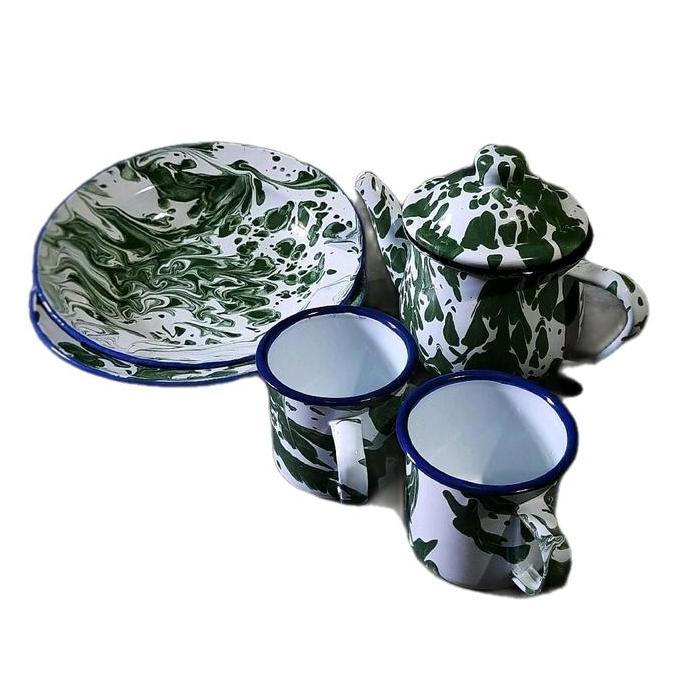 Set Piring dan Gelas Lurik Enamel Jadul Teko Kitchenware Tea tea  set KUN