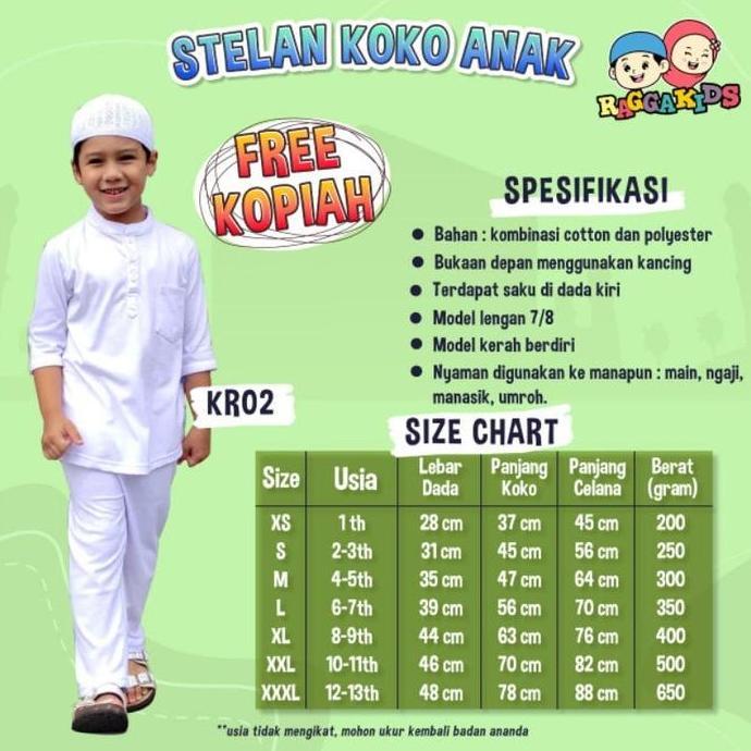Koko anak Putih Setelan Celana Raggakids KR02 free Peci - setelan koko anak putih manasik haji - Ser