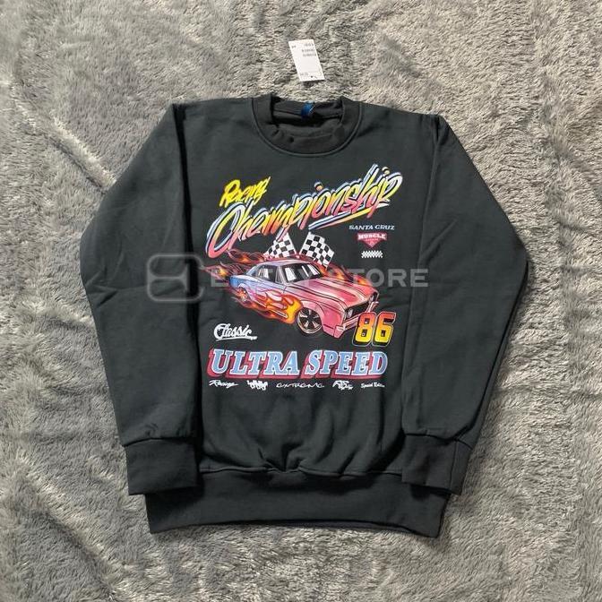 Lansungkirim- Crewneck Championship Black Wash Dark Grey Sweater Oversize Washed Wanita Flecee Katun