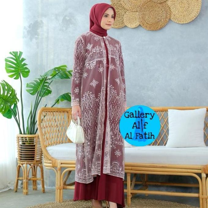 Outer brukat jumbo tile qania cardan pesta motif etnik rosegold inner maroon mewah LD 100 110 120 GA