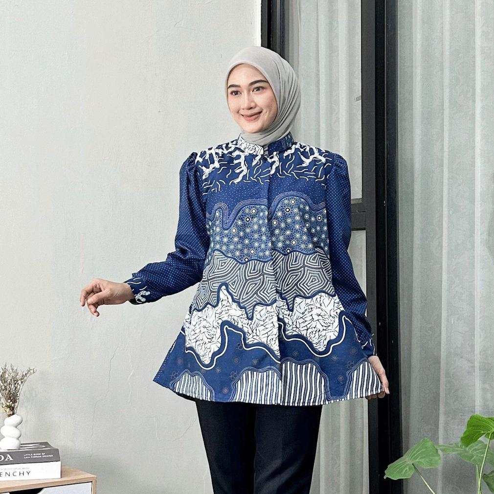 OOTD Blouse Batik Wanita Modern Lengan Panjang Lengan Puffy Lengan Balon Atasan Kerja Kantor Eksklus