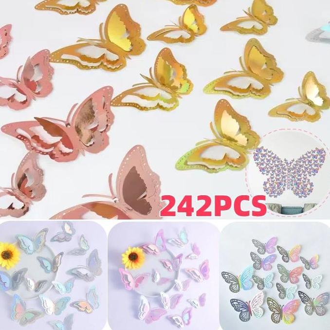 GEOVANHIE 24PCS 3D Stiker Dinding Kupu-kupu Tiga Dimensi Berongga Emas Dan Perak Berbagai Stiker Kup