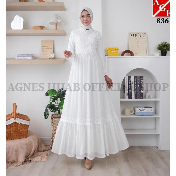 Agnes Hijab - Jihan Dress Gamis Putih Lebaran 2026 Terbaru Gaun Pesta Mewah Simple Elegan Baju Musli