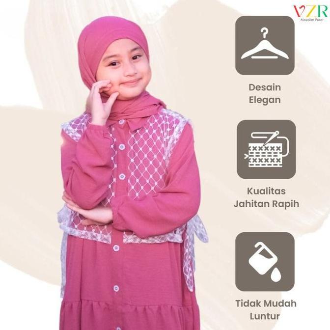 VZR Moeslim Wear Gamis Anak Brukat Tile One Set Baju Crinkle Premium Lebaran Airflow Syari Rempel Ku