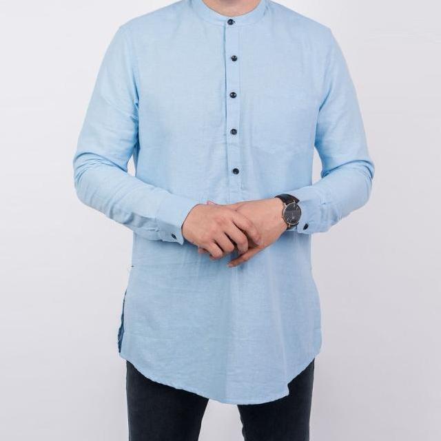 Baju Koko Kemeja Pria Kurta Pakistan Baju Muslim Biru Muda Oxford