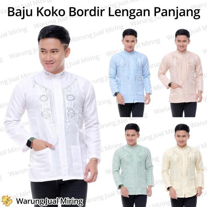 Baju Koko Lengan Panjang Bordir Klasik Kemeja Formal Kantong Polos Dobby Kokoh Tangan Adem Dewasa Pr