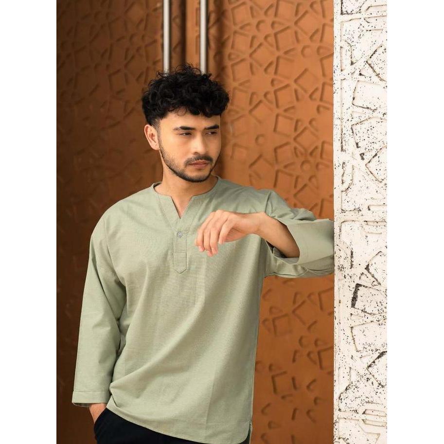 Turki Kemeja Koko Linen V-neck Lengan 7/8 BYBLANK Kemeja Koko Soft Cotton Linen Pria