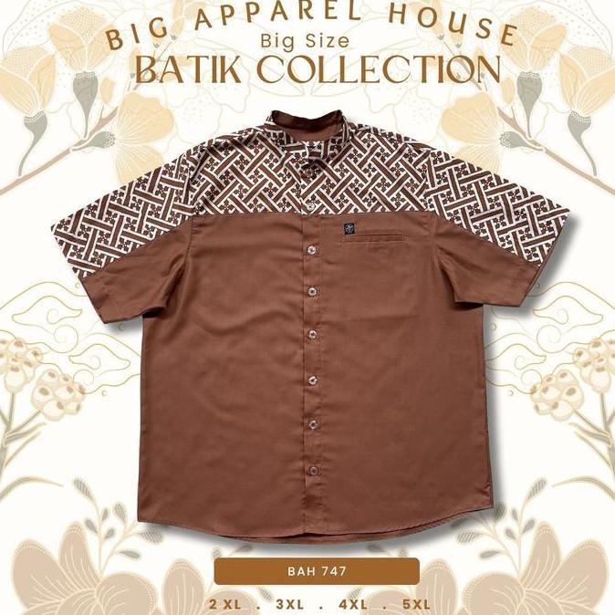 BAH 747 | Kemeja Koko Kombinasi Batik Jumbo Pria BSize | Batik Modern kawung geometris silang Coklat