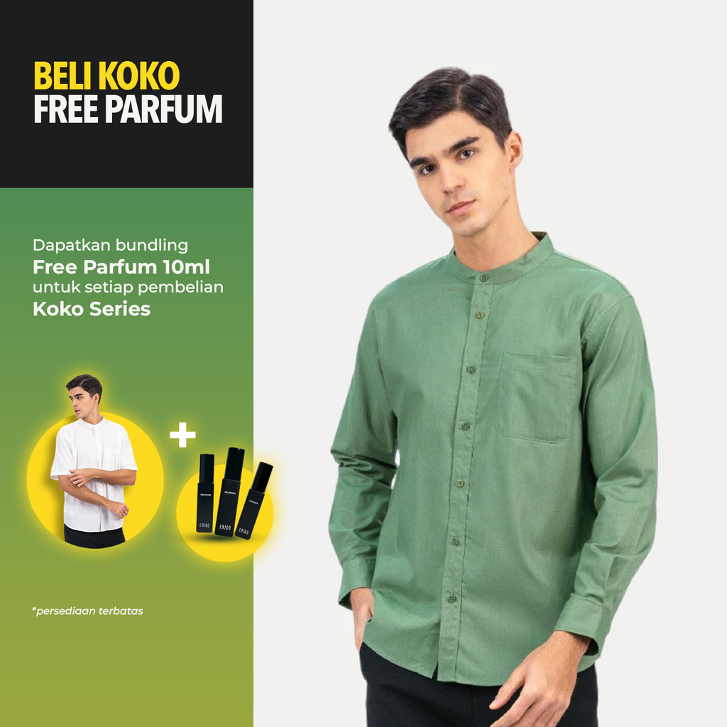 Erigo Shanghai Long Sleeve Basic Fairuz Sage Green - Kemeja Koko Lengan Panjang Unisex