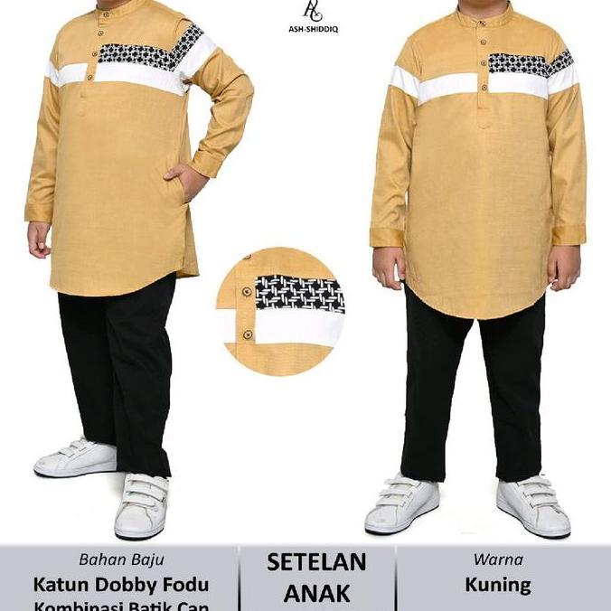 Setelan Celana Koko Kurta Anak Usia 3-13 Tahun Lengan Panjang Kombinasi Batik Cap Modern Bahan Katun