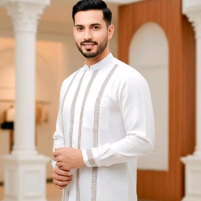 Baju Koko Putih Dewasa Katun India Motif Salur Muslim
