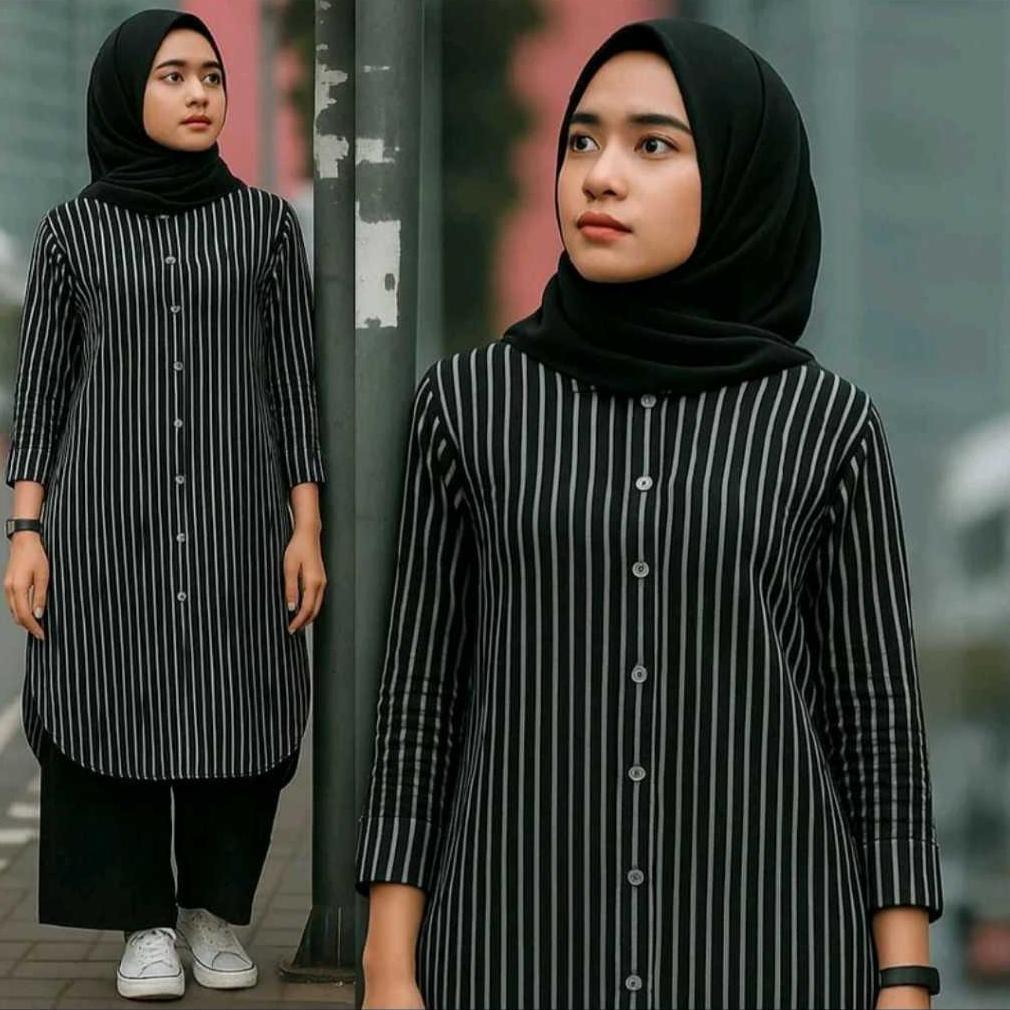 DISKON DIAMOND - POPLY LONG TUNIK STRIP - ATASAN MOTIF SALUR TUNIK PANJANG MUSLIM REMAJA WANITA