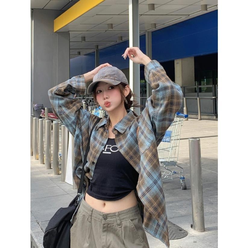 BEST SELLER 2TOYOUNG KEMEJA KOTAK-KOTAK BIRU WANITA, TUNIK LONGGAR MUSIM PANAS, ATASAN PELINDUNG SIN