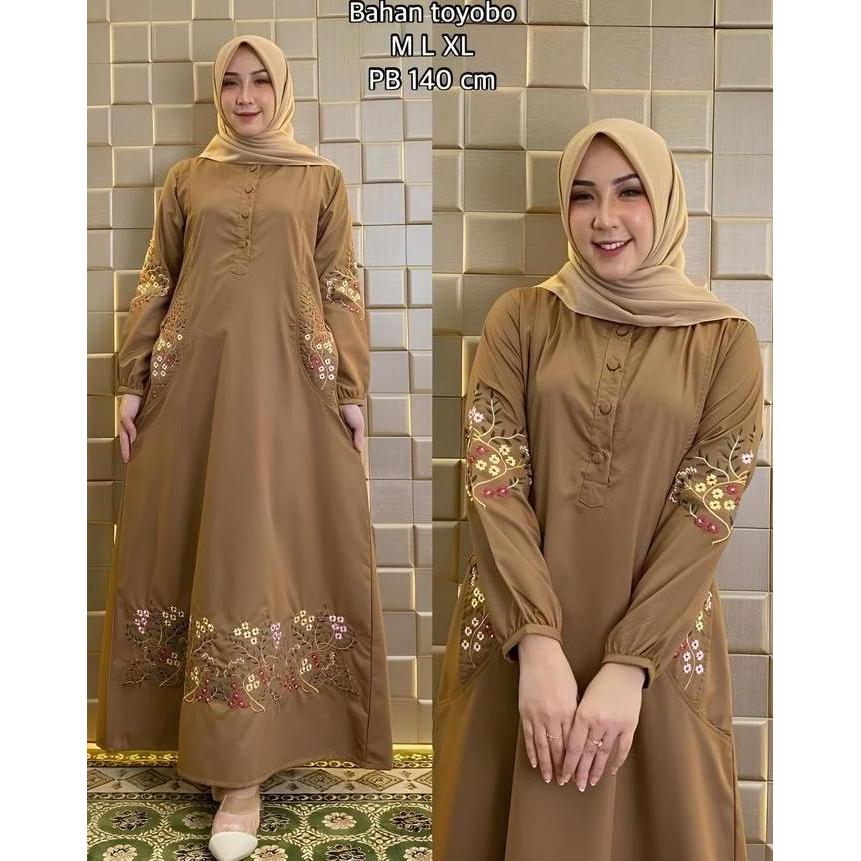 Gamis bordir terlaris dan terbaru bahan katun toyobo simple Kantong Lembut
