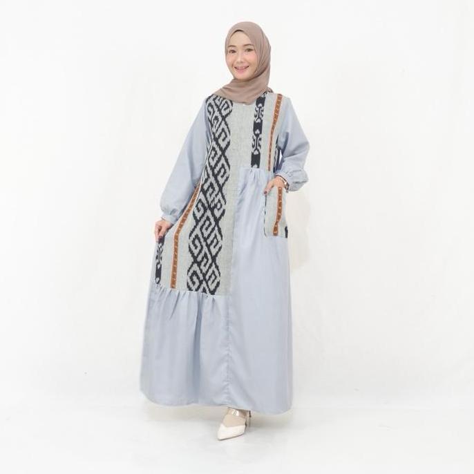 Shanaya Batik Wanita Gamis Toyobo Kombonasi Tenun Ramadhan series Gamis Lebaran Warna Silver dress k