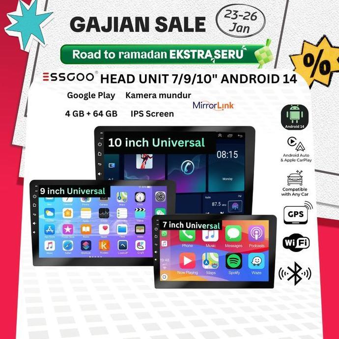 ESSGOO Head Unit Android 14 mobil 4G+64G  7/9/10 Inch 2 Din Kontrol Suhu Cerdas IPS Layer Mobil Navi