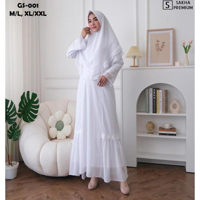 Sakha - COD GS 001 BAJU GAMIS PUTIH SYAR'I WANITA GAMIS PUTIH CERUTI JUMBO TERLARIS BAJU LEBARAN UMR